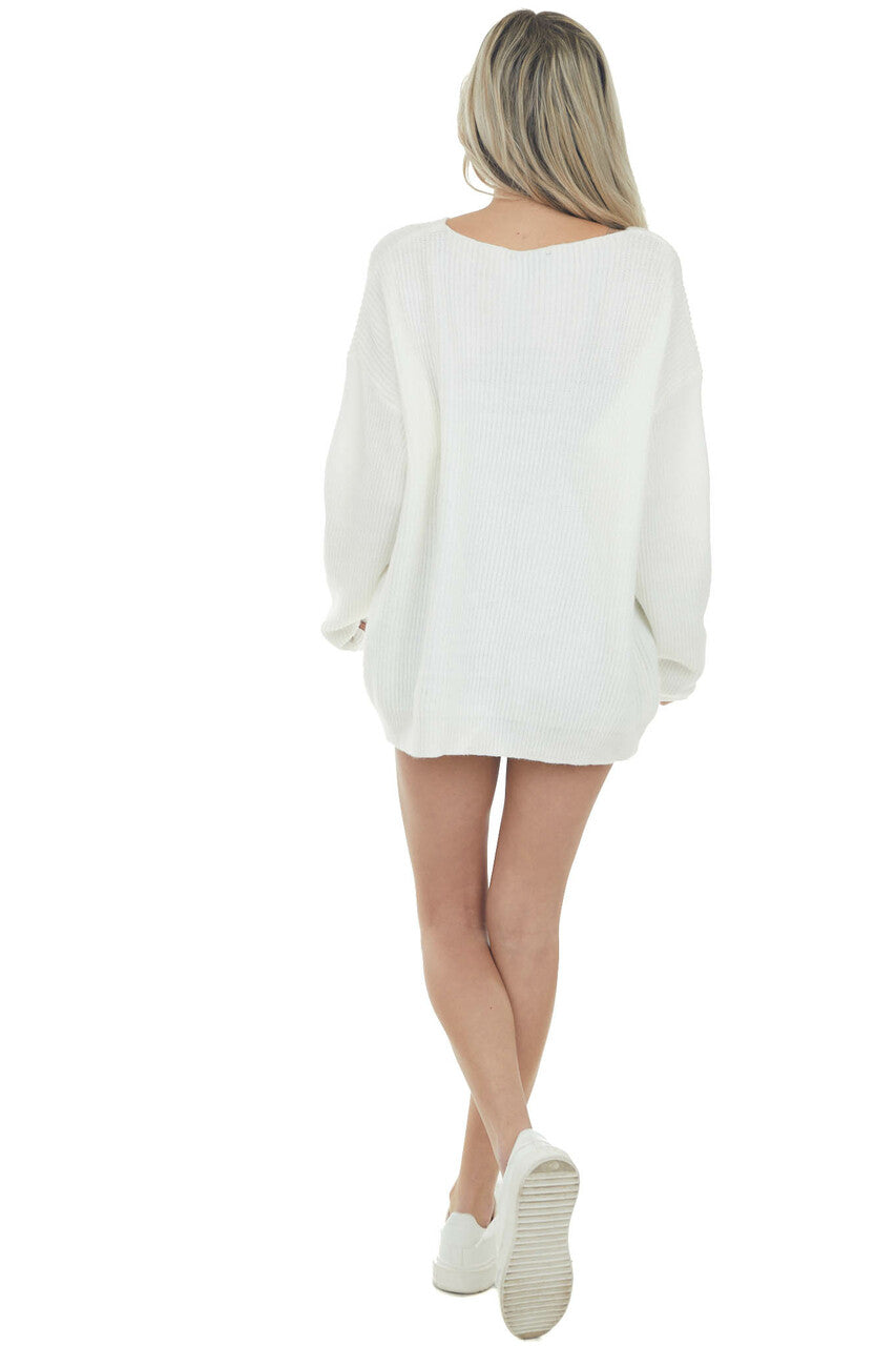 Off White Knit Sweater with Embroidered Hearts