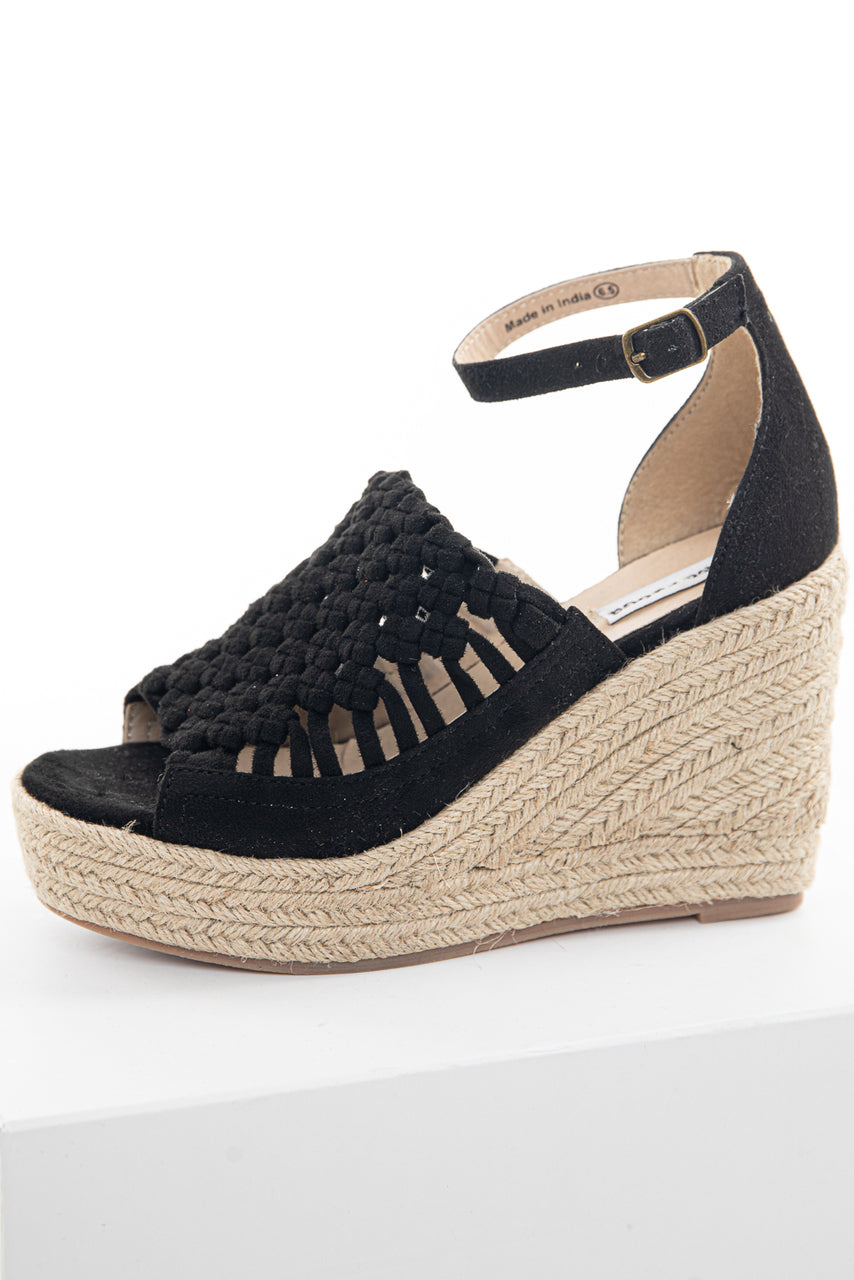 Black Basket Woven Espadrille Wedge with Ankle Strap