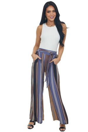 Dusty Blue Striped Pants with Elastic Waist