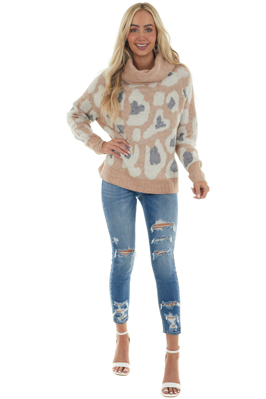 Apricot Leopard Print Turtleneck Sweater