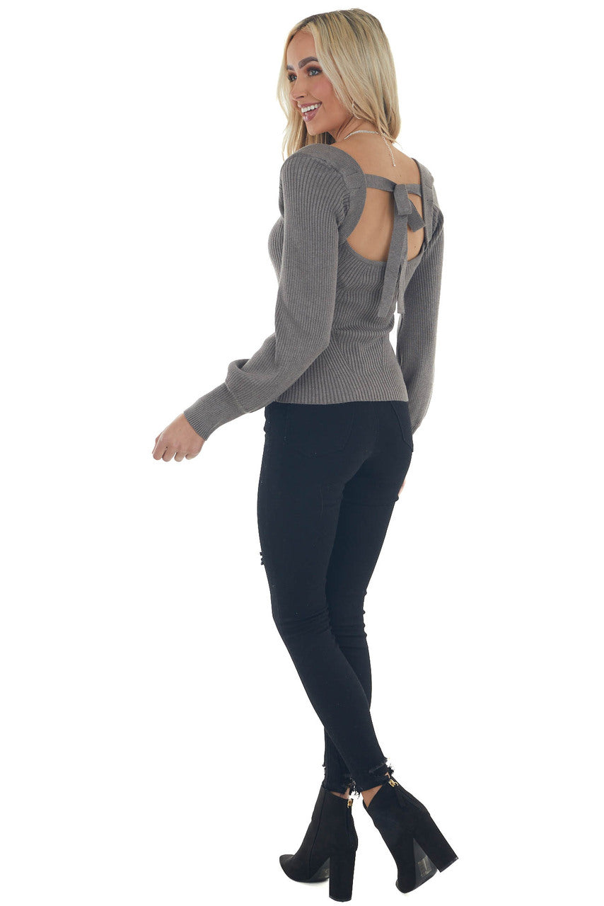 Graphite Grey Square Neck Ribbed Knit Sweater 