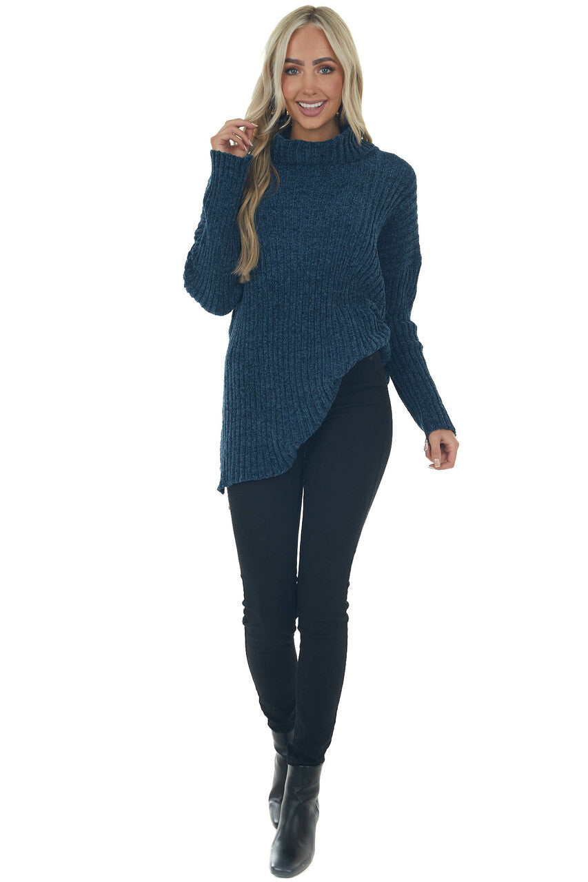 Steel Blue Chenille Ribbed Cowl Neck Sweater