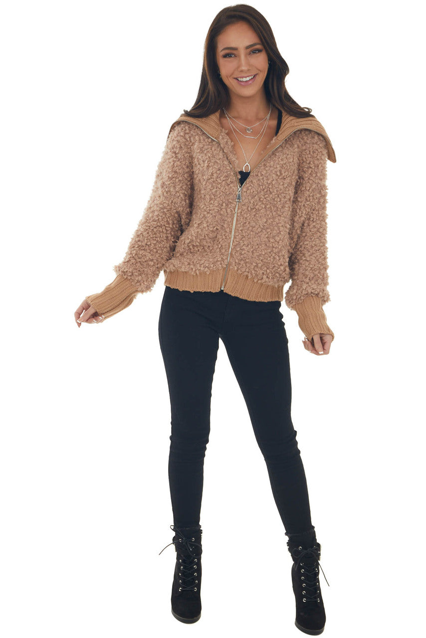 Camel Teddy Turtleneck Zip Up Sweater Jacket 