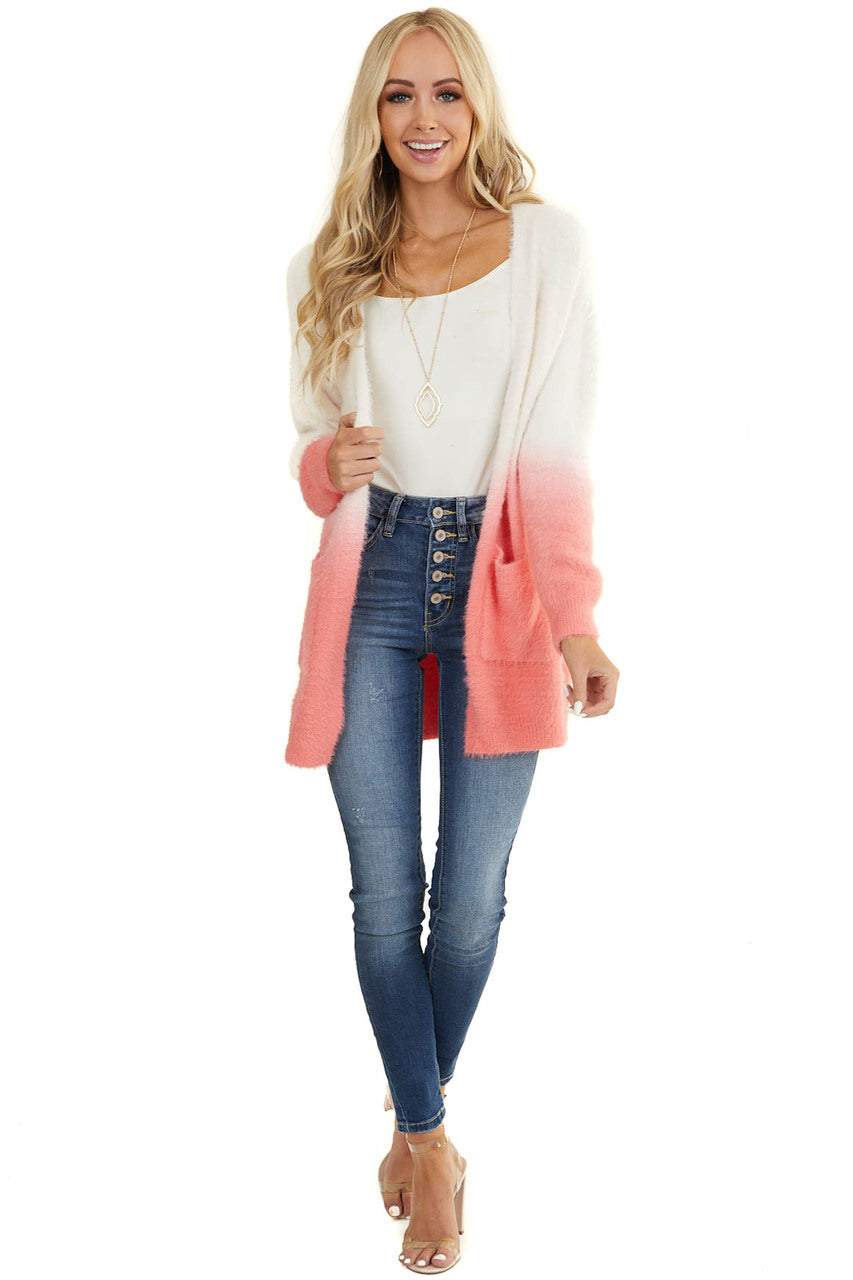 Coral and Ivory Ombre Fuzzy Knit Cardigan with Pockets