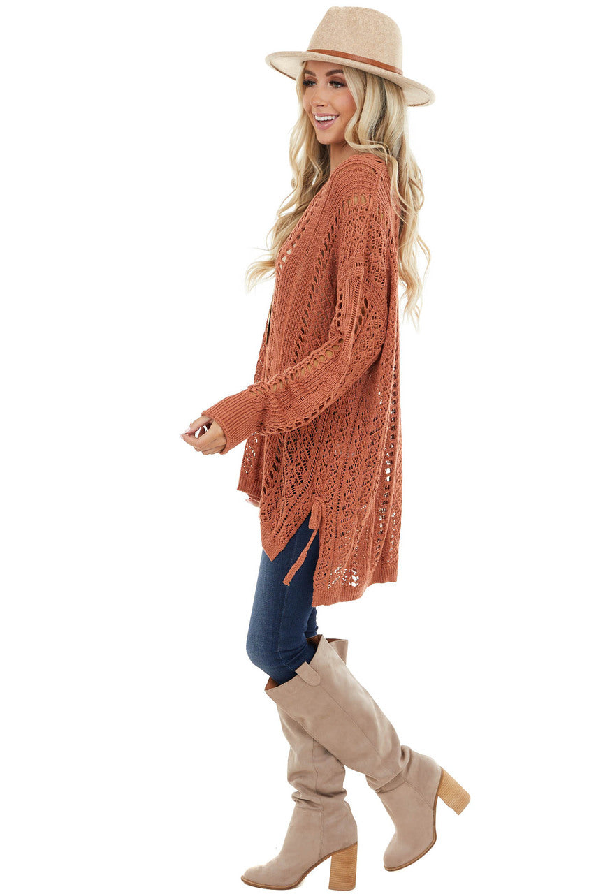 Light Tawny Crochet Knit Long Sleeve Top with Side Slits 