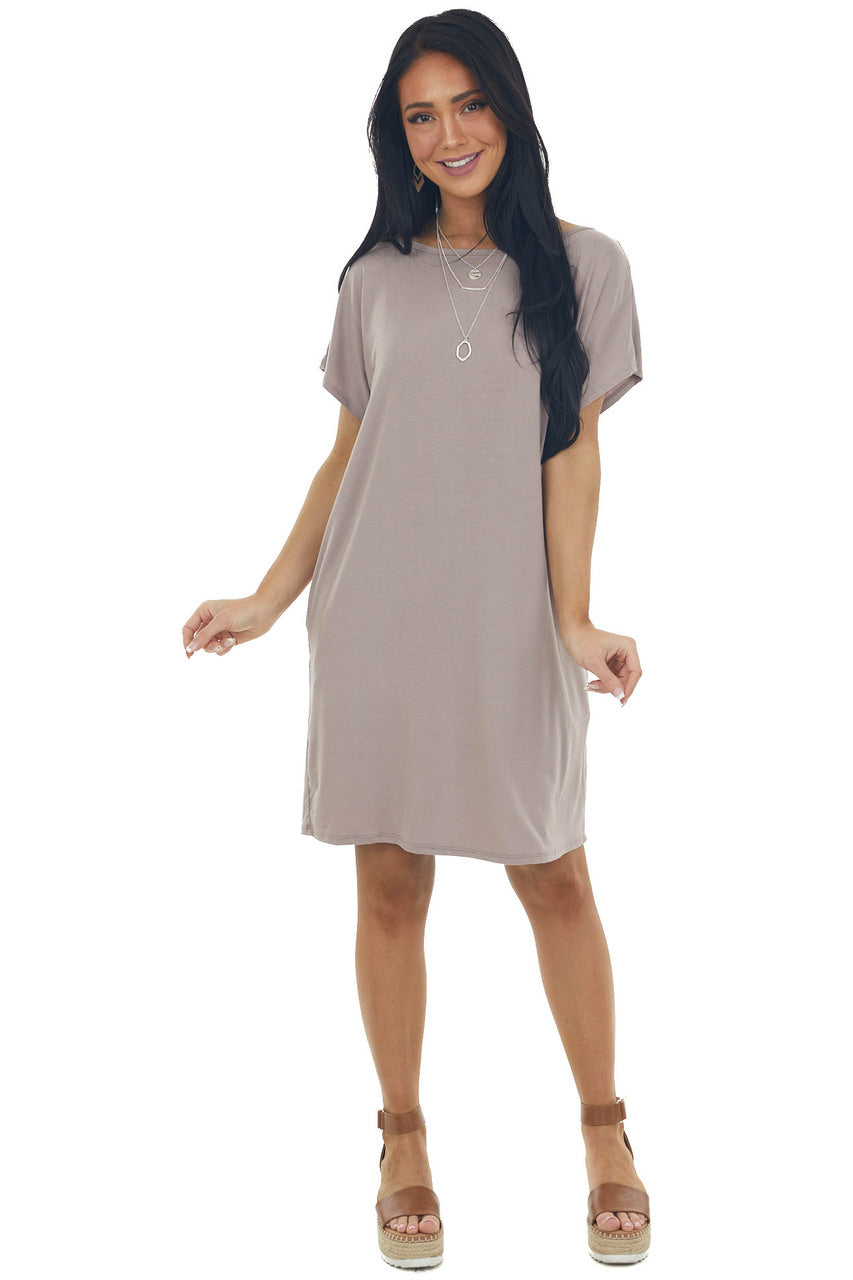 Mocha Knit Mini Tee Shirt Dress with Pockets