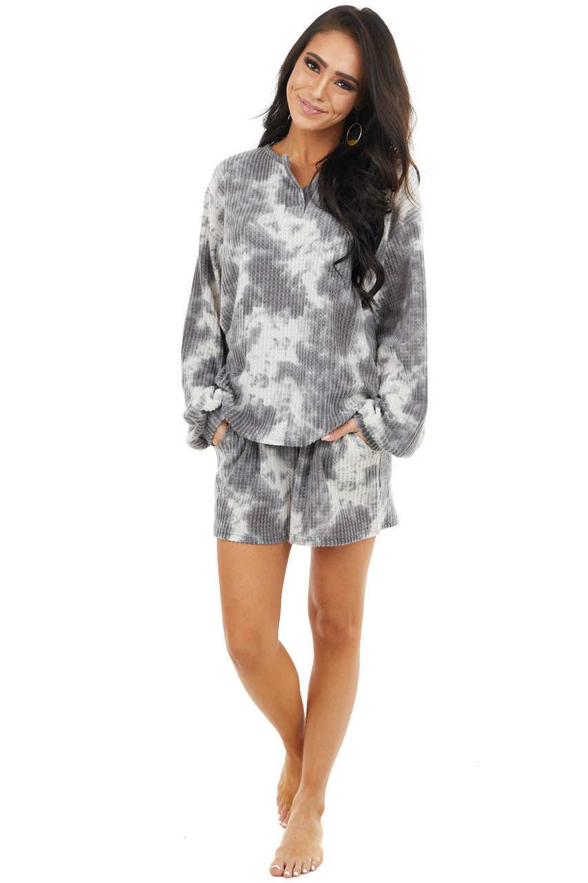 Charcoal Tie Dye Print Waffle Knit Long Sleeve V Neck Top 