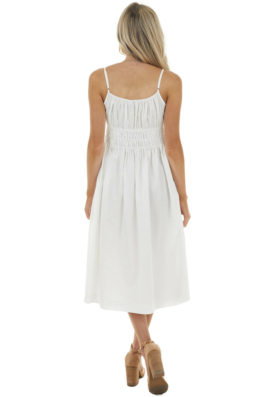 Off White Sleeveless Midi Dress with Smocked Waistline