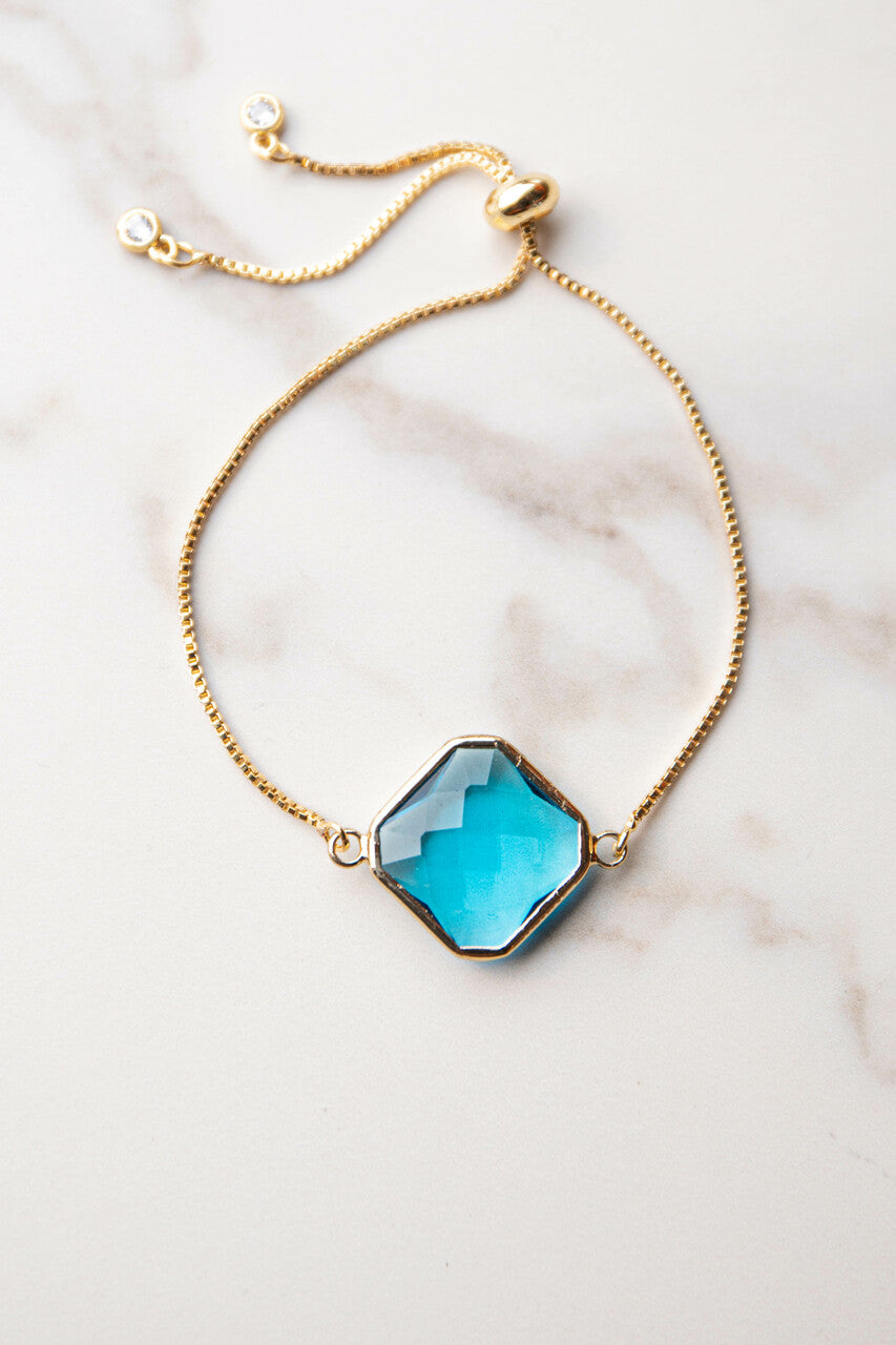 Azure Blue Glass Gem Gold Box Chain Bracelet