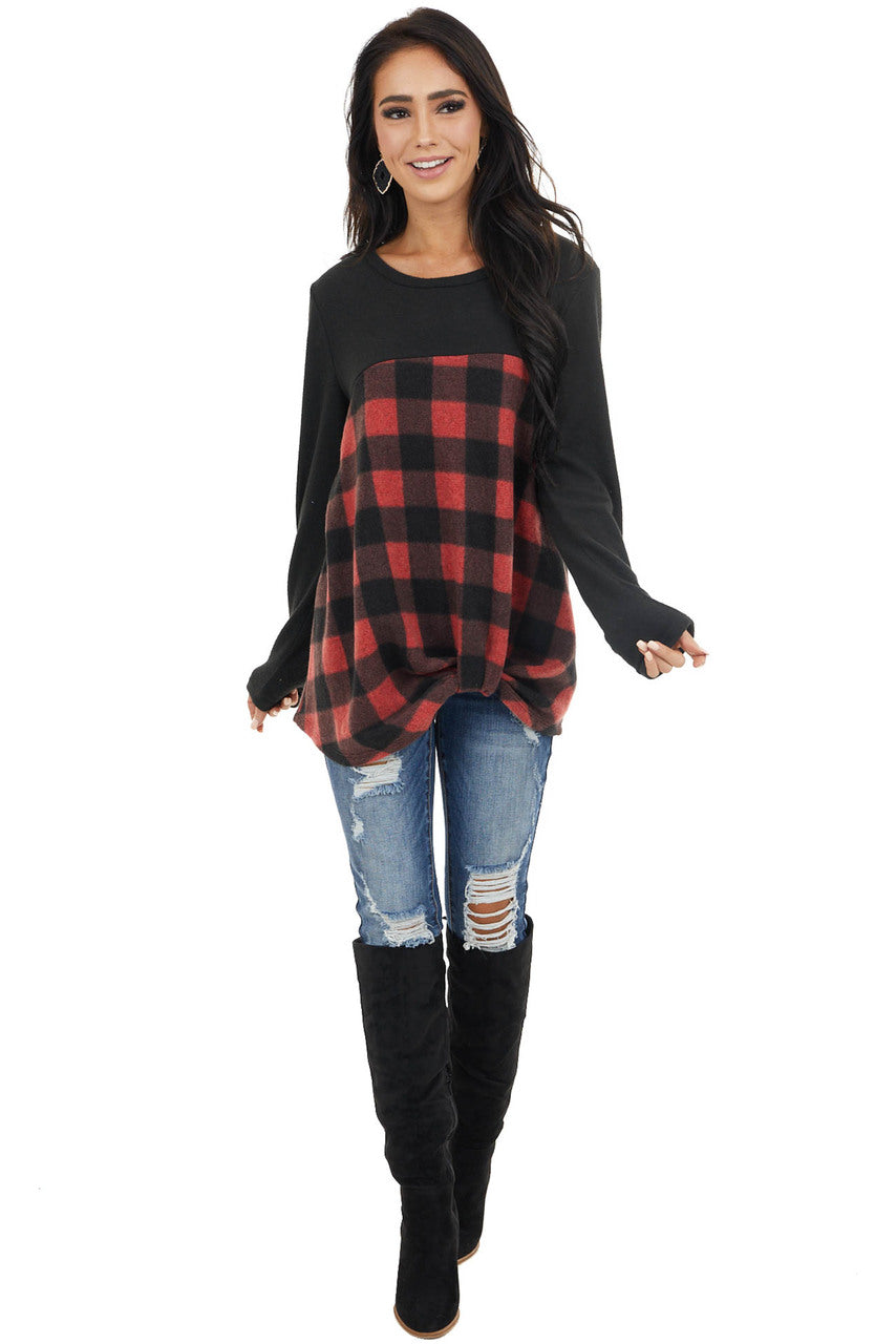 Black and Crimson Buffalo Plaid Top with Twisted Detail