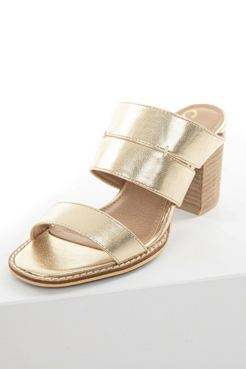 Shiny Gold Faux Leather Open Toe Heeled Mules