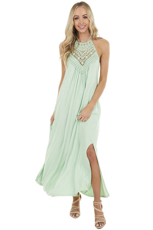 Pale Mint Sleeveless Maxi Dress with Front Lace Detail