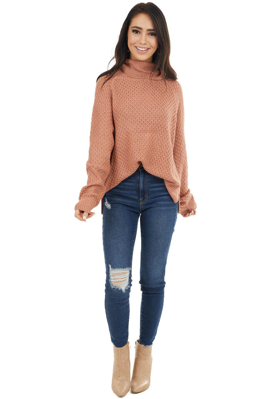 Terracotta Waffle Knit Turtleneck Sweater with Long Sleeves
