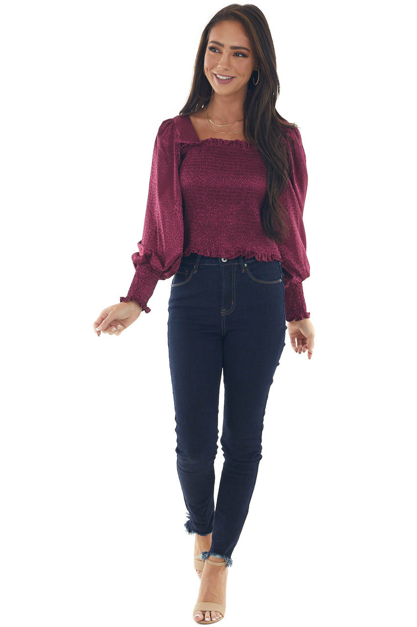 Wine Red Animal Textured Smocked Silk Blouse