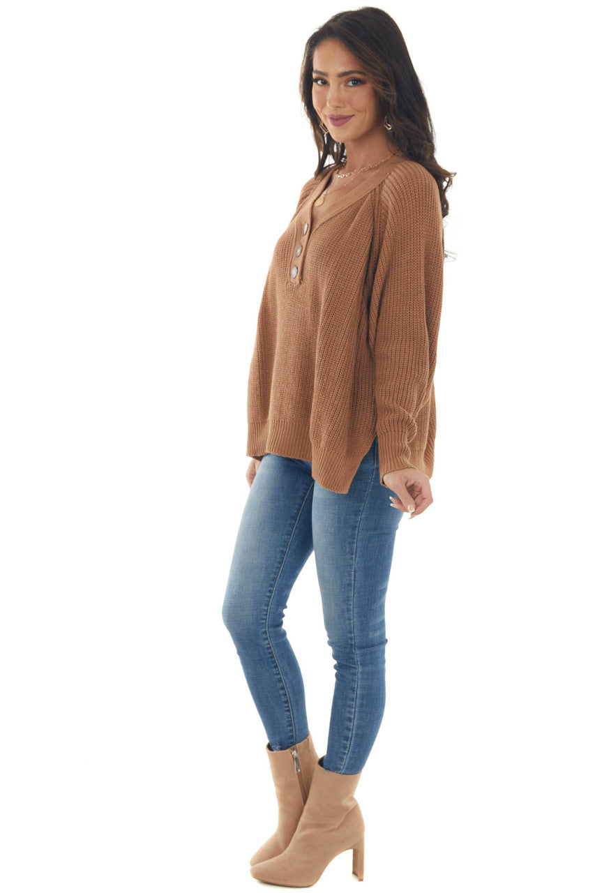 Cognac Long Sleeve Henley Knit Sweater 