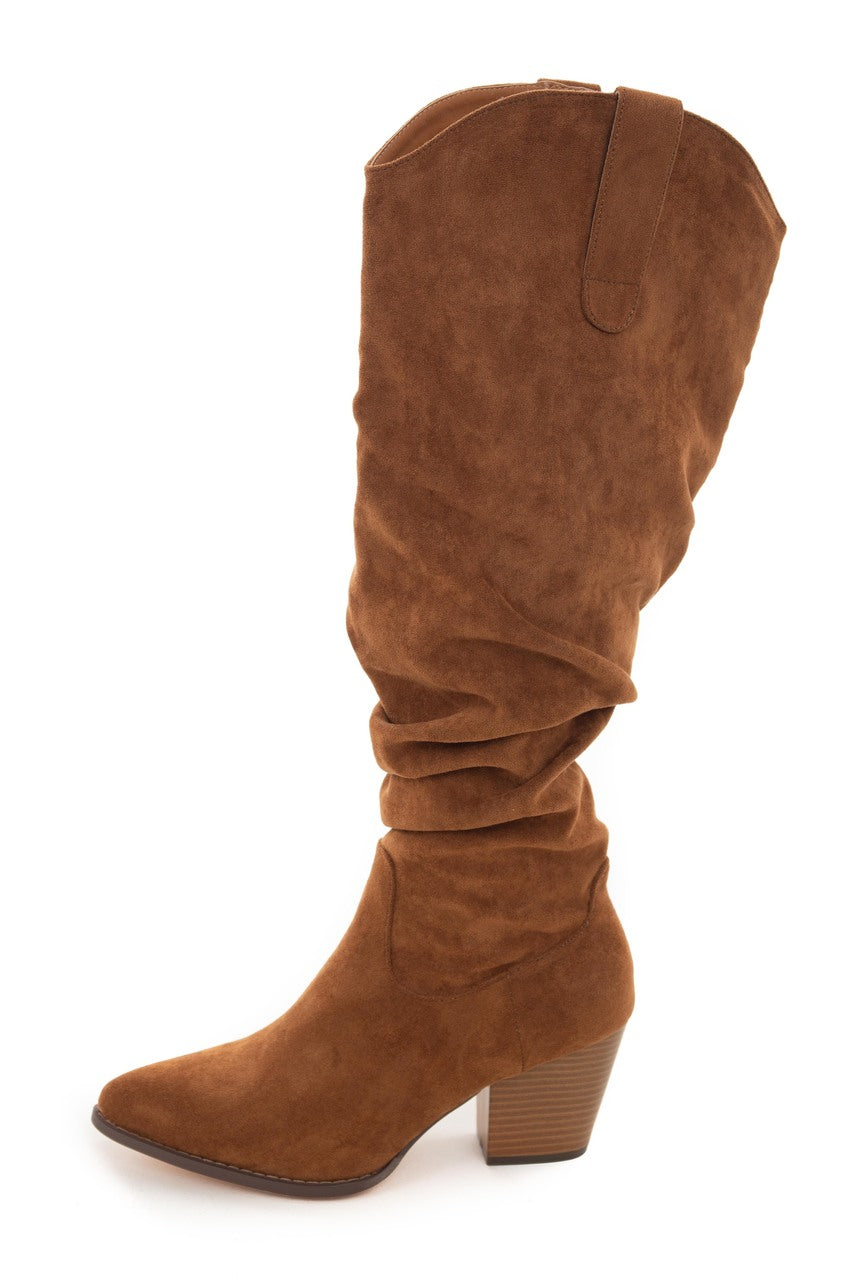 Cognac Pointed Toe Knee High Slouch Boots