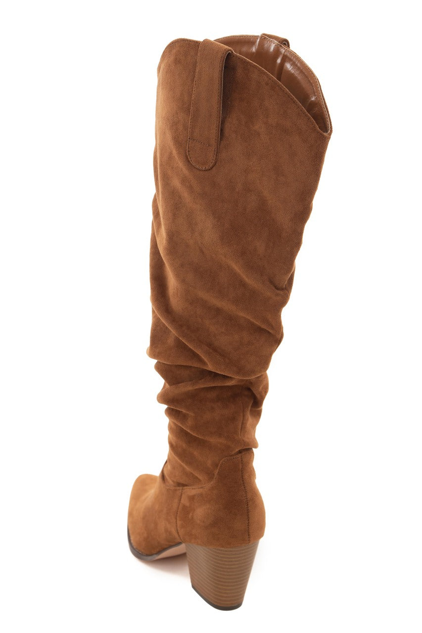 Cognac Pointed Toe Knee High Slouch Boots