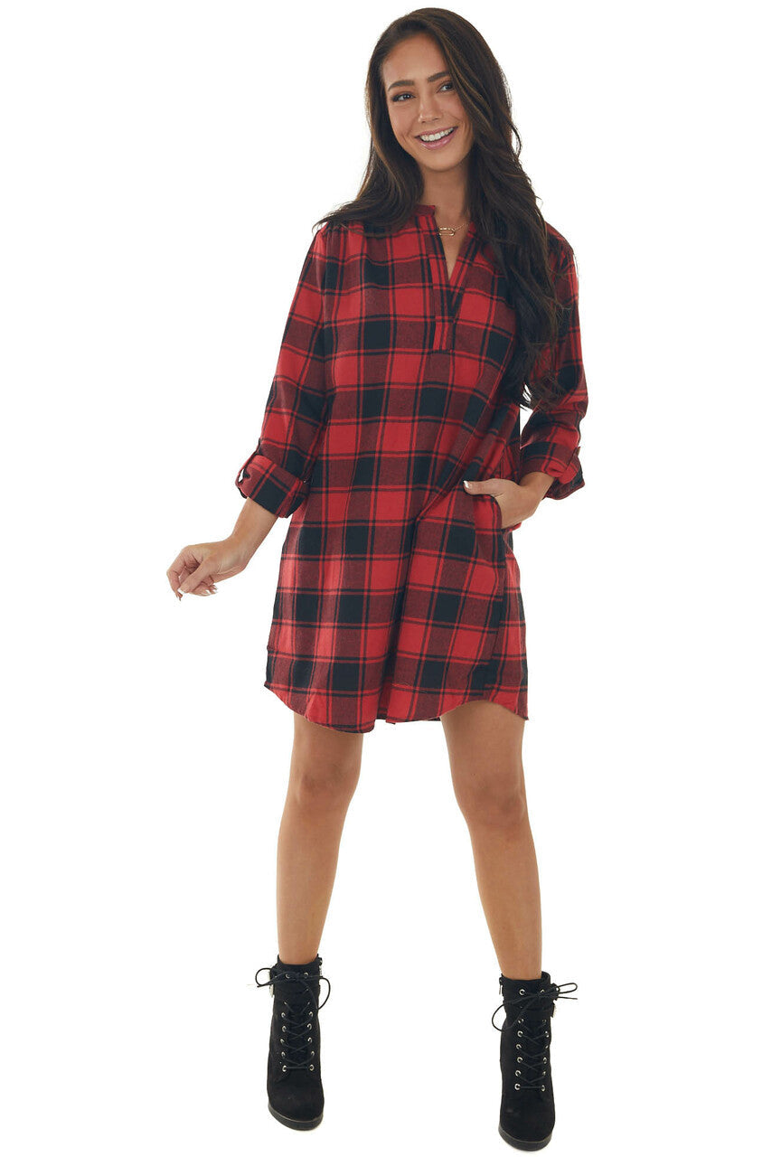 Crimson Buffalo Plaid Notch Neck Shirt Dress 