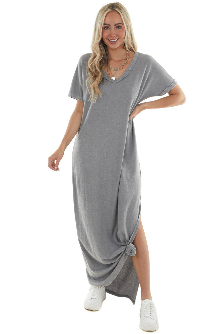 Steel Short Sleeve V Neck Maxi Tee Shirt Dress 