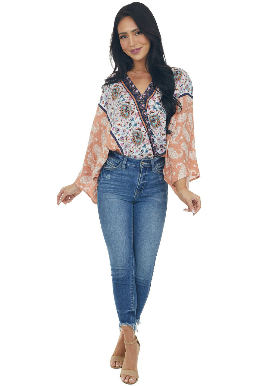 Dusty Peach Multiprint Surplice Bodysuit 