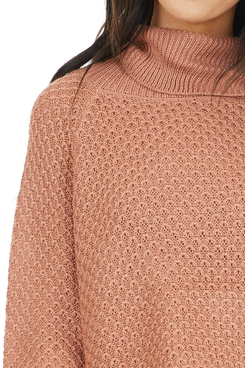Terracotta Waffle Knit Turtleneck Sweater with Long Sleeves