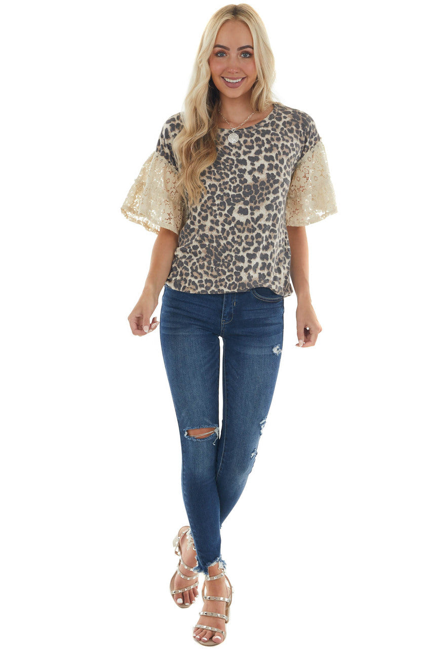 Latte Leopard Print Top with Short Floral Lace Bell Sleeves 