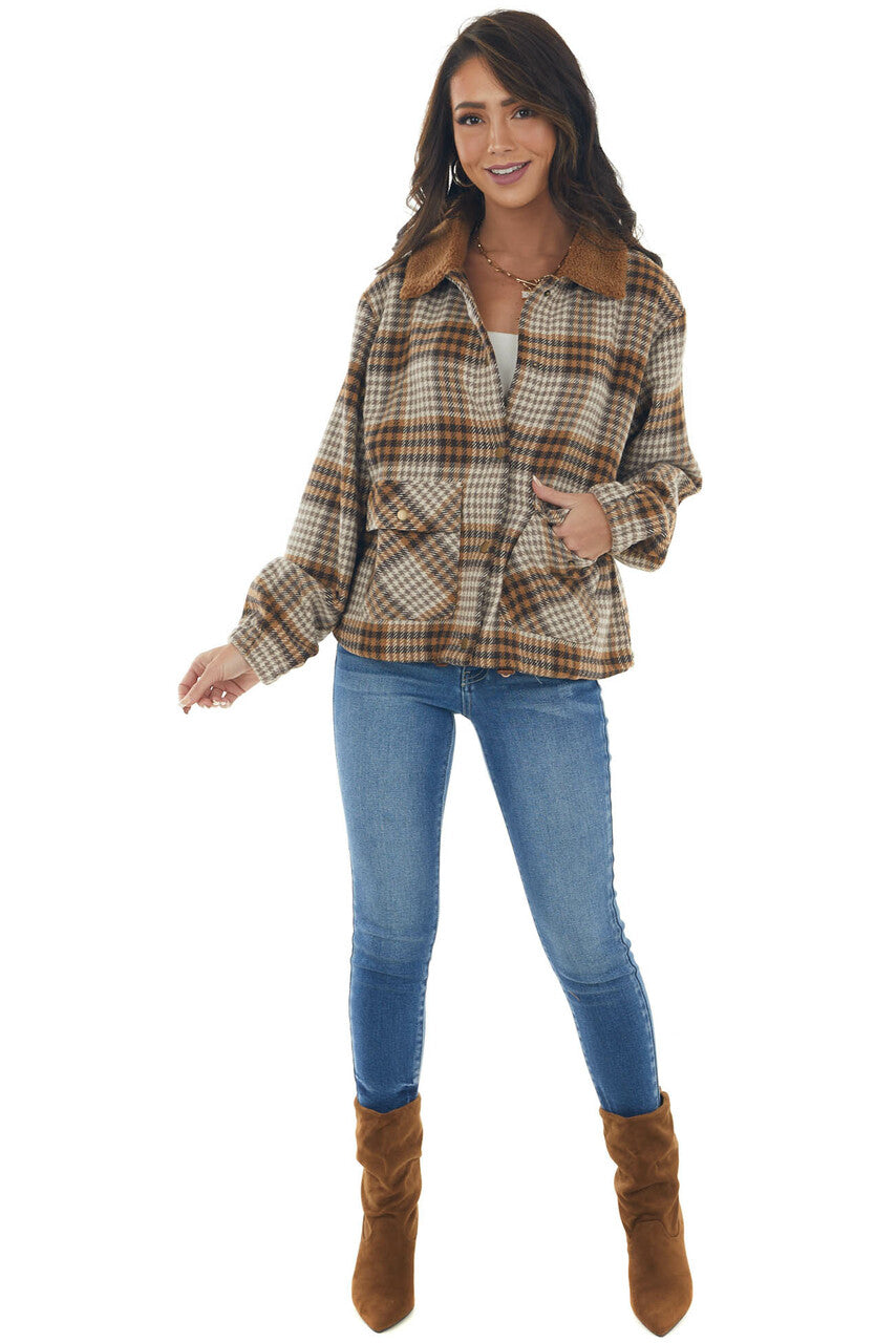Sepia Plaid Button Up Jacket with Cinch Waist