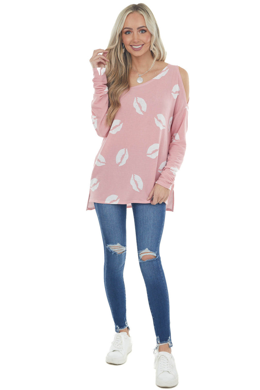 Light Punch Lip Print Off the Shoulder Top