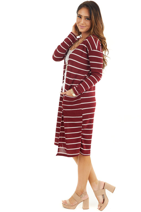 Maroon and Ivory Striped Waffle Knit Cardigan with Pockets side full body