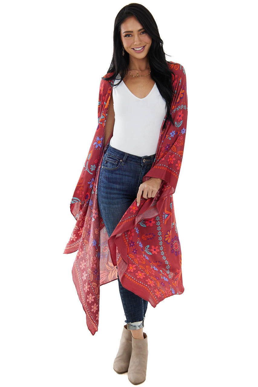 Marsala and Fire Colorful Floral Print Kimono