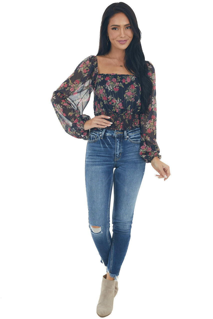 Dark Navy Floral Sheer Bubble Sleeve Crop Top