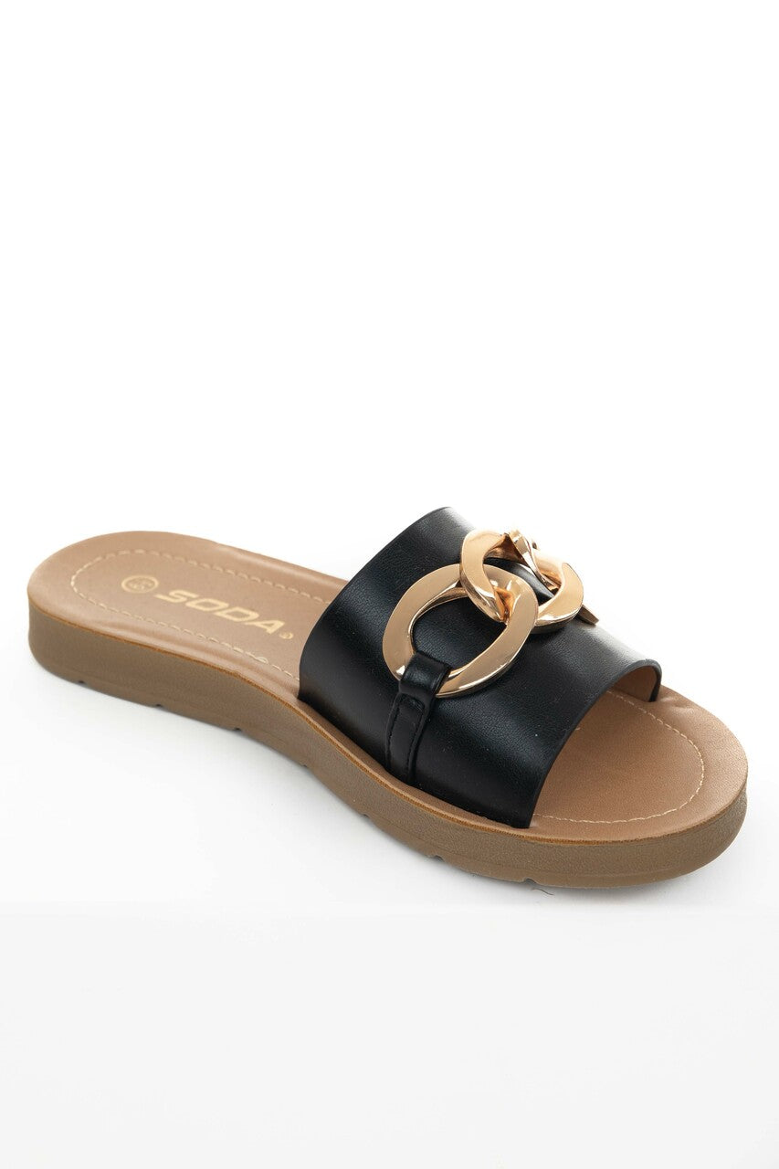 Black Pleather Band Sandals with Chain Detail