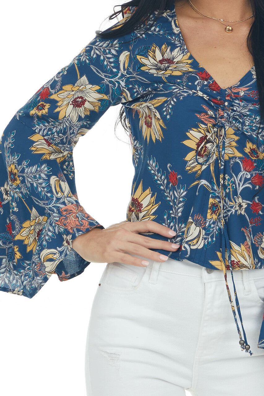 Navy Floral Print Blouse with Long Sleeves