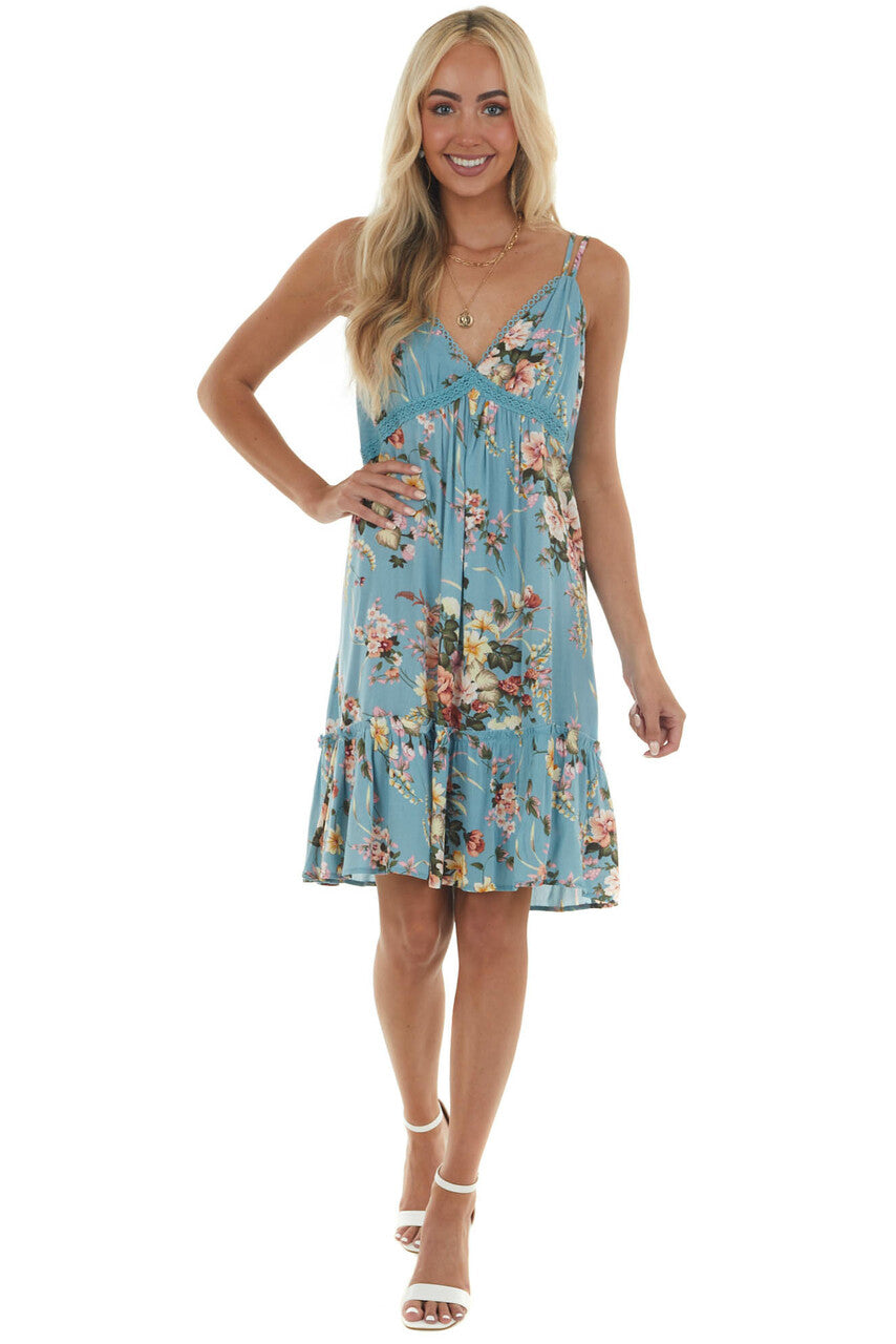Dusty Blue Floral Print Babydoll Short Dress