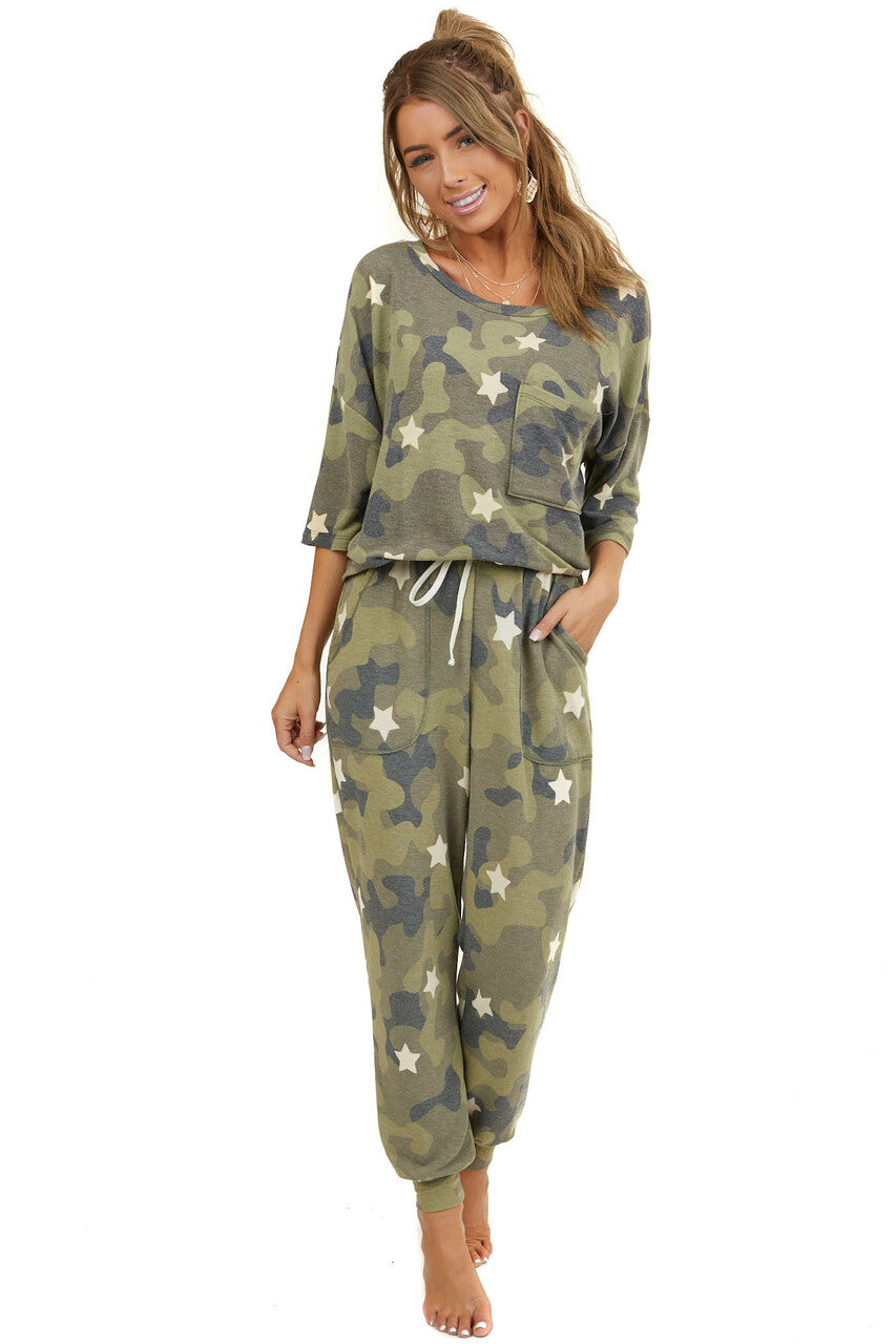 Olive Camo and Star Print Short Sleeve Top with Front Pocket 