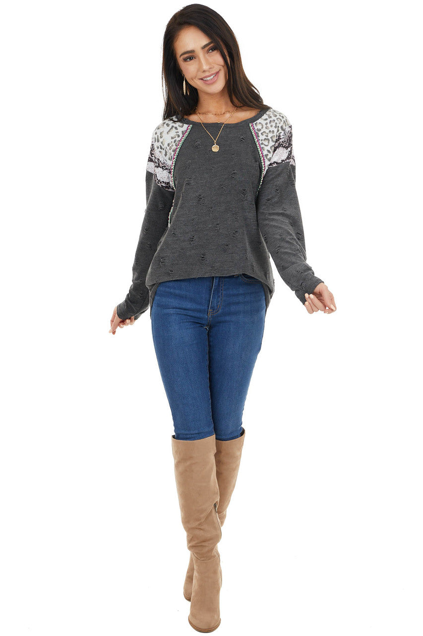 Charcoal Distressed Top with Leopard and Snake Print
