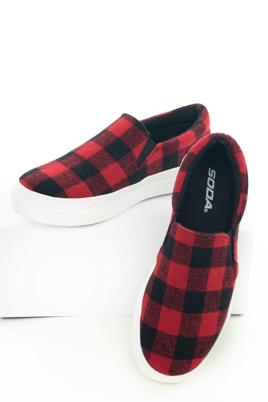 Cranberry Buffalo Plaid Slip On Sneakers 
