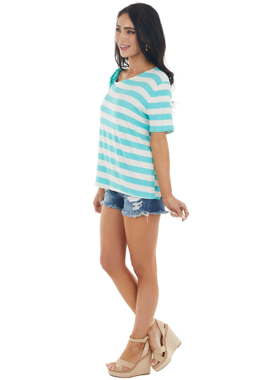 Aqua and Ivory Striped Print Cold Shoulder Knit Top