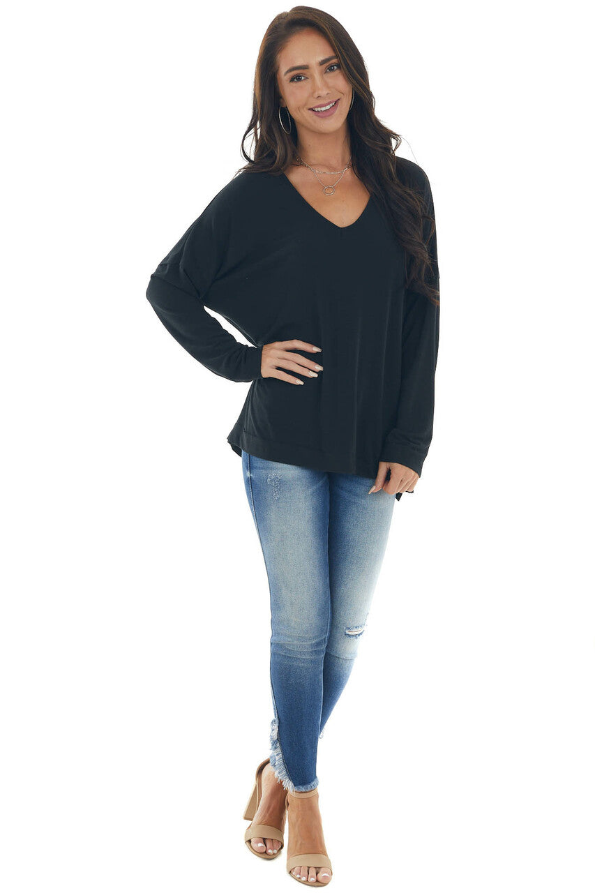 Black Drop Shoulder Knit Top with V Neck