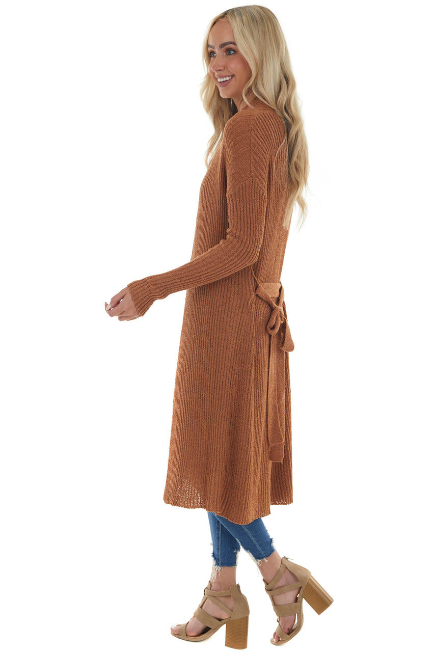 Cognac Open Front Duster Cardigan with Tie
