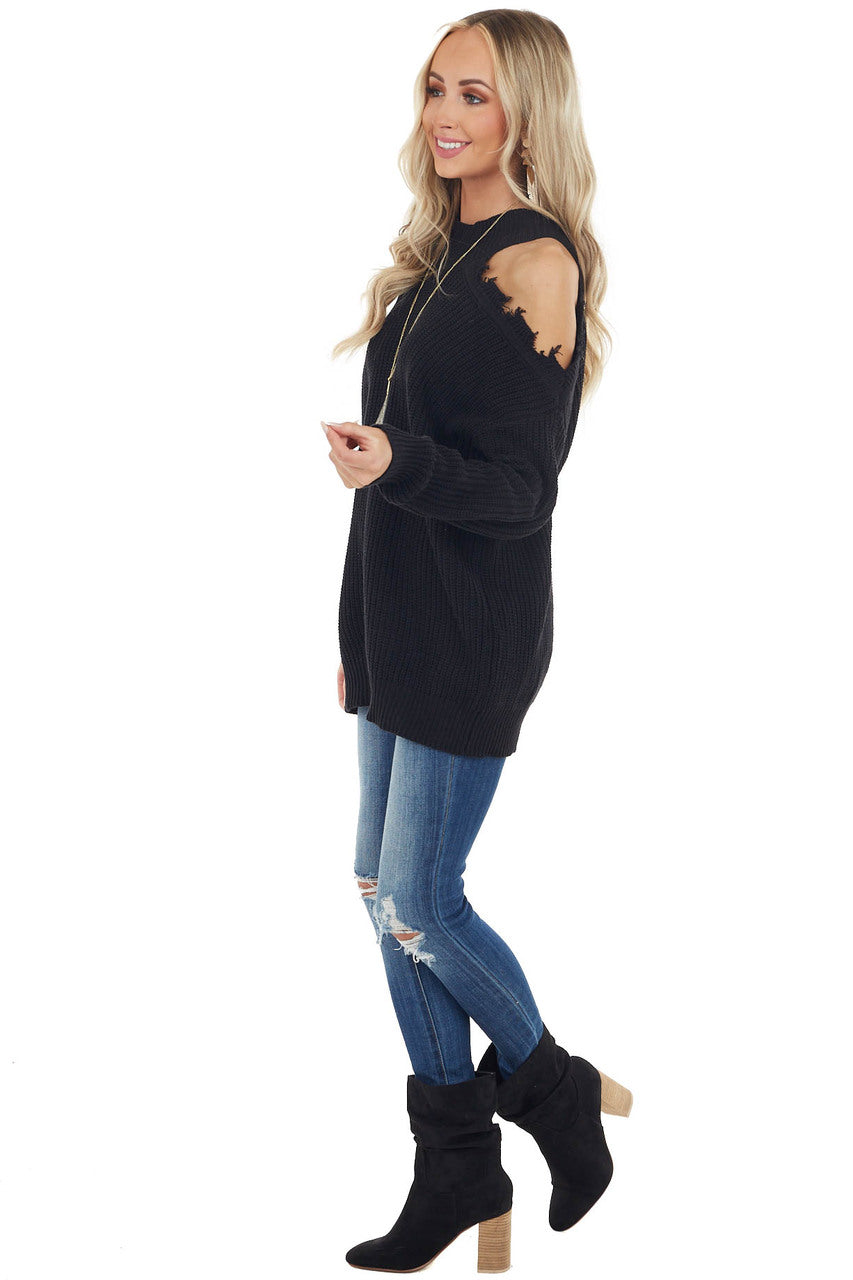 Black Stretchy Knit Distressed Cold Shoulder Sweater