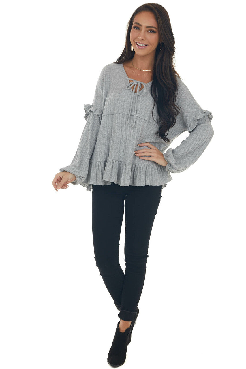 Dove Grey Ribbed Knit Long Sleeve Ruffle Top with Front Tie