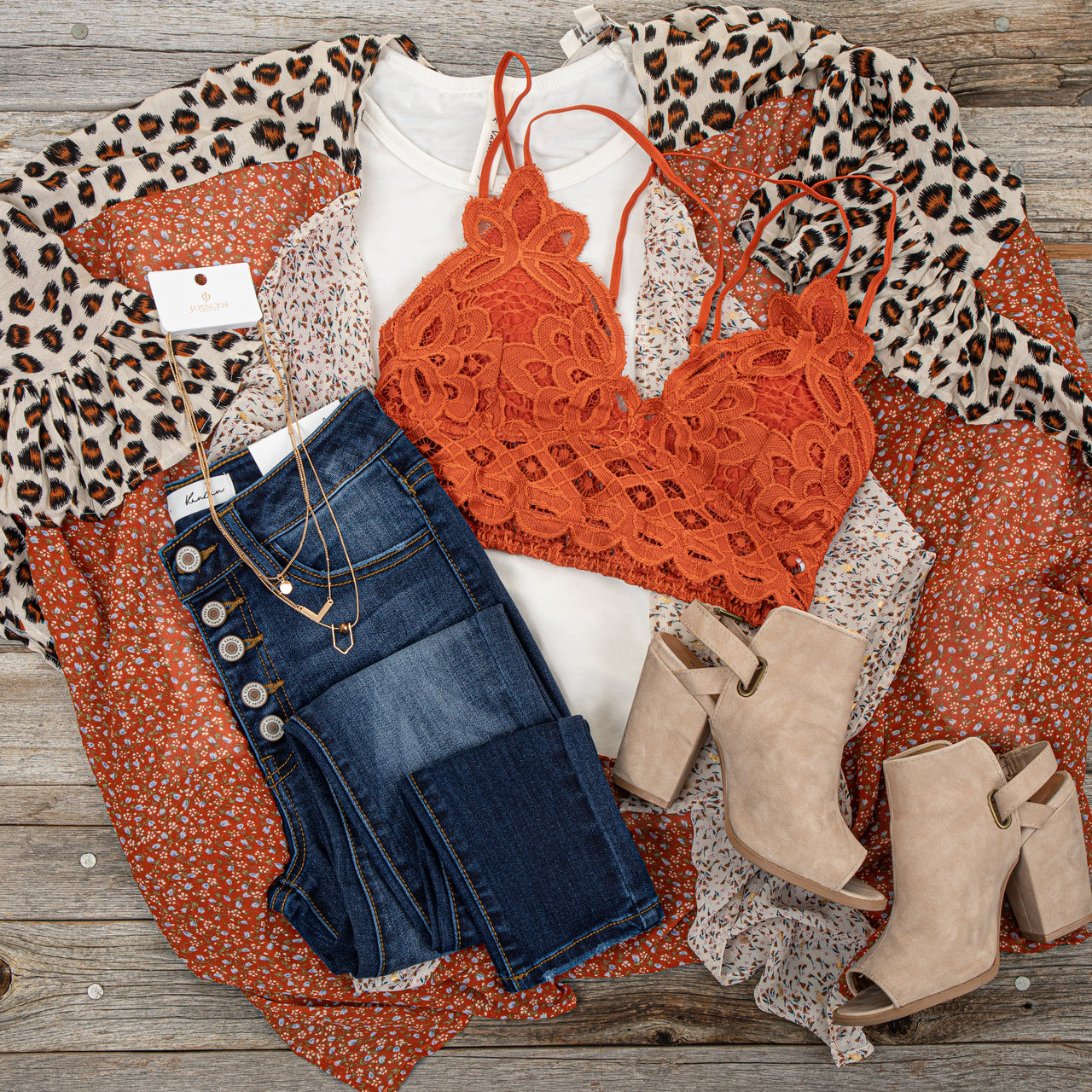 Rust Floral Lace Bralette with Criss Cross Straps 