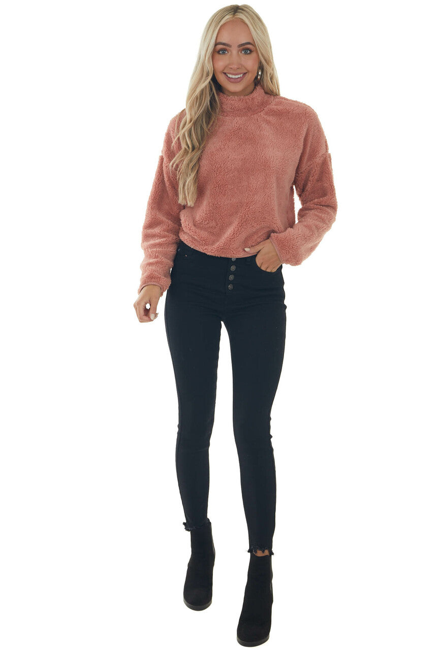 Hazy Pink Soft Faux Fur Mock Neck Crop Top