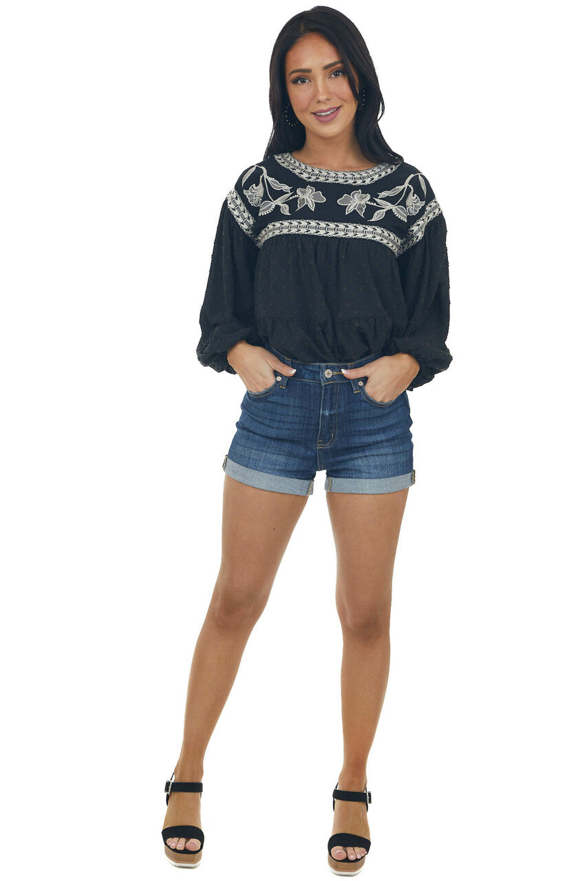 Black Embroidered Yoke Swiss Dot Top