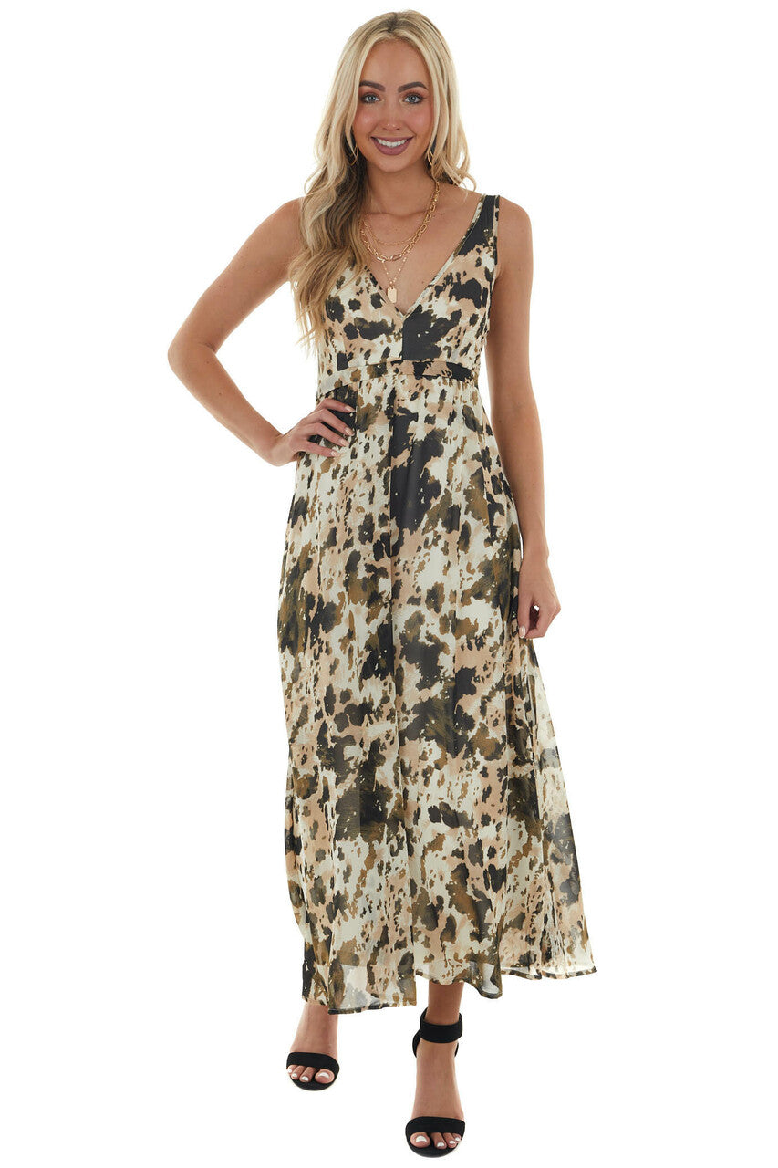 Army Green Printed Sleeveless Flowy Maxi Dress 