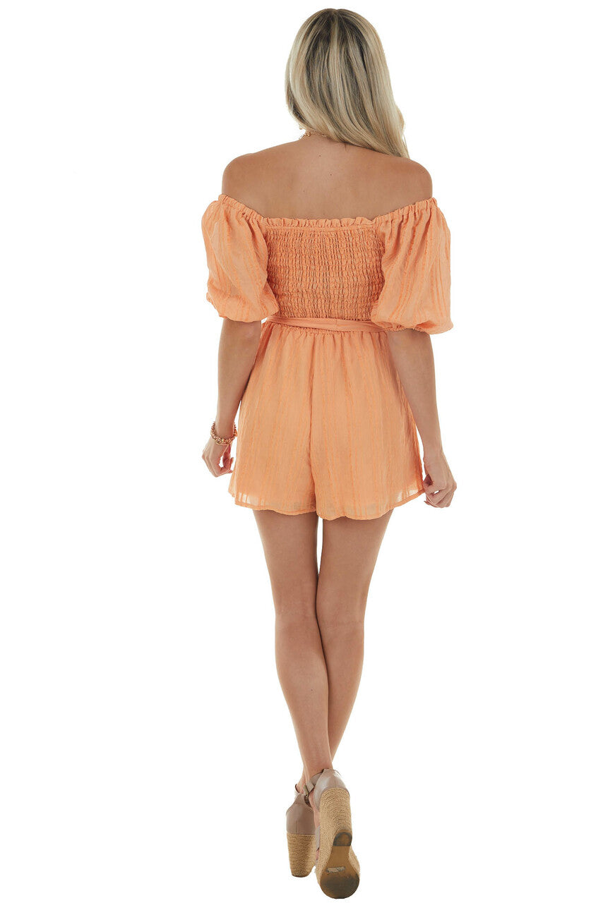Melon Textured Romper with Short Puff Sleeves