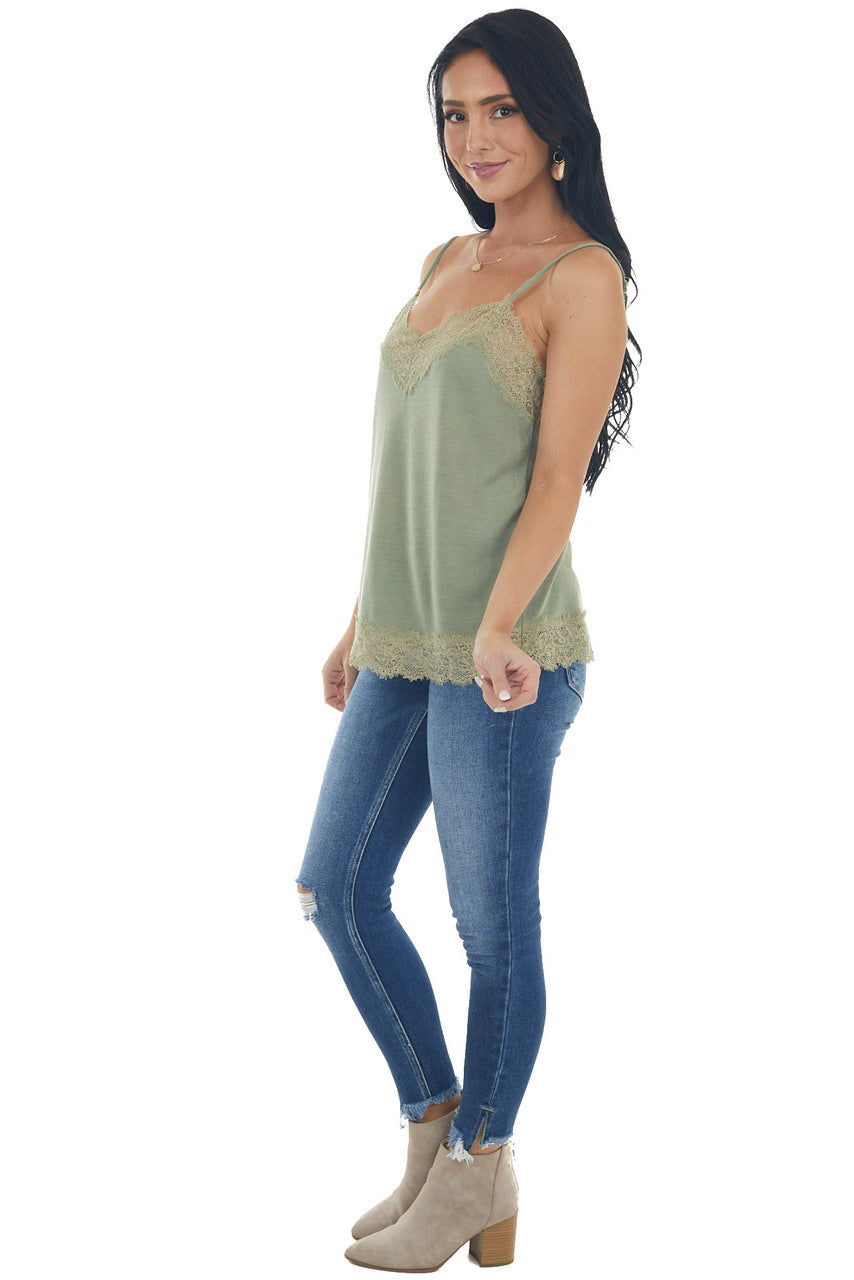 Sage Knit Camisole Top with Lace Trim