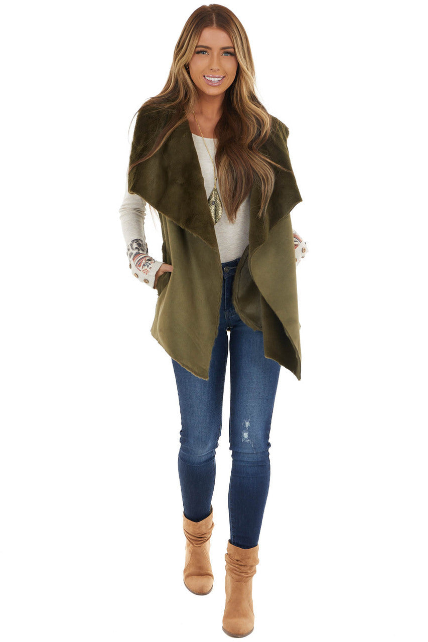 Olive Green Faux Suede Vest with Soft Faux Fur Lining