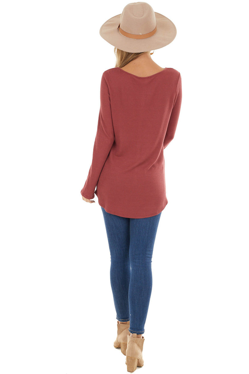 Rust Ribbed Long Sleeve Knit Top with Caged Neckline